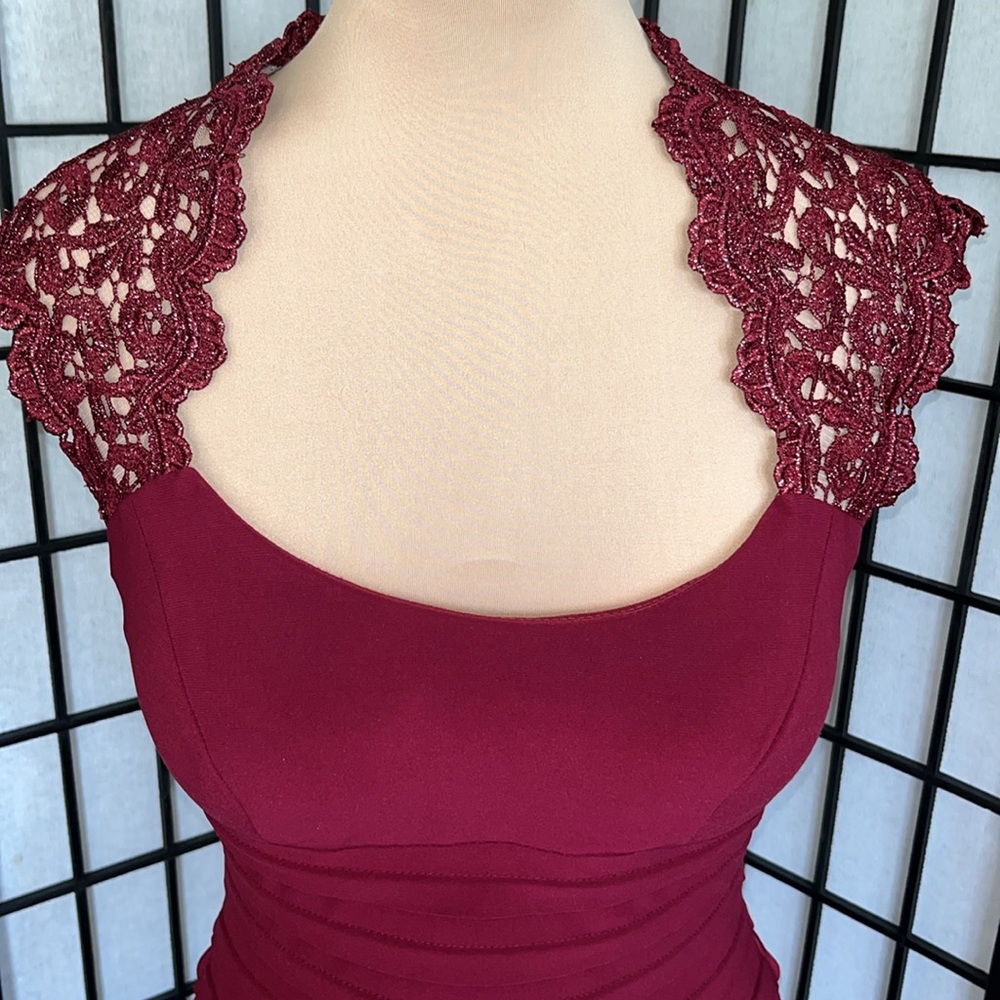 Xscape Wine Bodycon Dress with Metallic Lace Lined in Nude Mesh 8